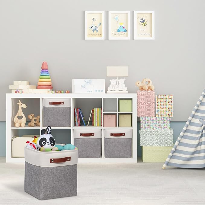 Univivi 10.5 Inch Fabric Cube Bins with Hard Bottom, 4 Pack Storage Baskets with PU Handles for Shelves Closet Foldable Storage Bins for Organizing (Gray,10.5" x 10.5" x 11") | Hard Cardboard Bottom,Metal Frame,PU Handles,Foldable,Linen Closet Baskets ...