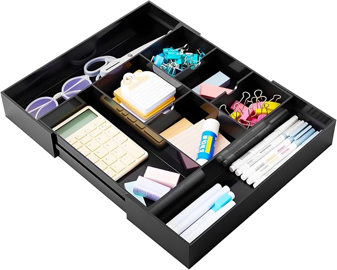 Briwooody Black Acrylic Drawer Organizer Expandable,8 Compartments,Large | 9'' up to 18'' x 12'' x 2.1'' Desk Drawer Organizer Trays Adjustable with Desk Accessories for Makeup Office Bathroom