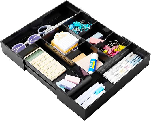 Briwooody Black Acrylic Drawer Organizer Expandable,8 Compartments,Large | 9'' up to 18'' x 12'' x 2.1'' Desk Drawer Organizer Trays Adjustable with Desk Accessories for Makeup Office Bathroom