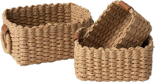 LA JOLIE MUSE Small Wicker Baskets for Organizing, Desert 3 Pack | Decorative Organizer with Vegan Leather Tag, Round Handle, Storage Baskets for Shelves, Bedroom, Kitchen, Office and Home