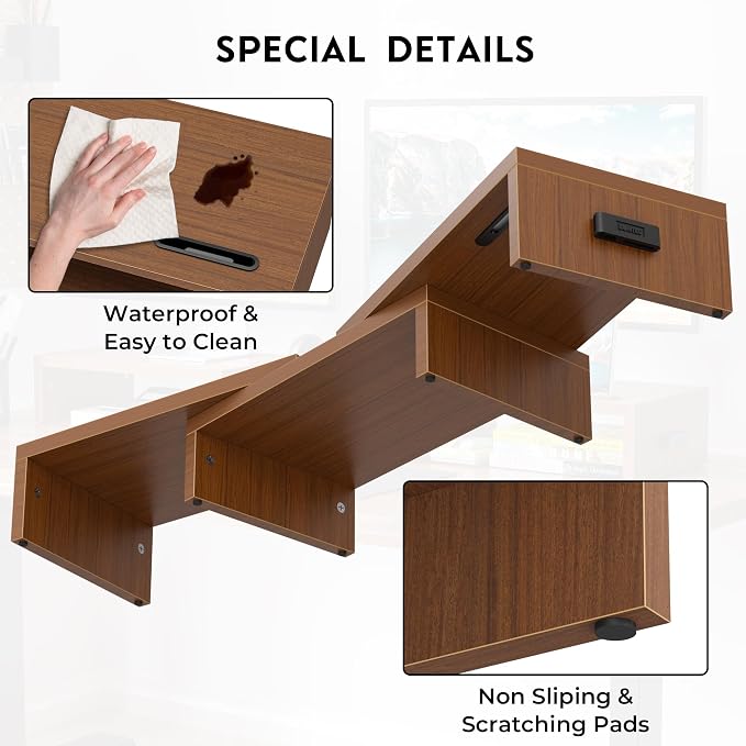 BONTEC Dual Monitor Stand Riser, Adjustable Length & Swivel Angle, Walnut | Ergonomic Wooden Desktop Organizer with Smartphone Holder, Computer Monitor Stand for PC, Laptop, Printer and Large Storage