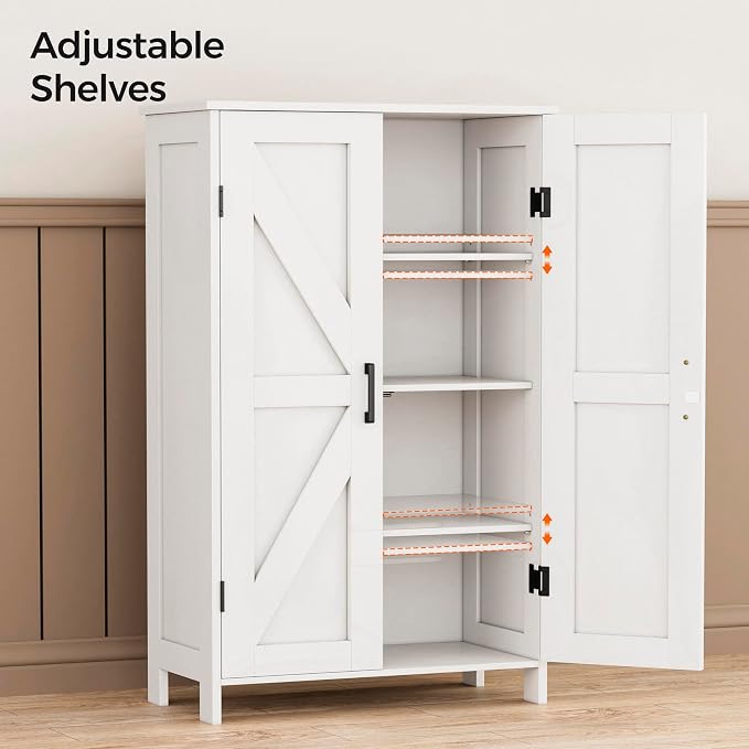 Homleke 43.3" H Farmhouse Bathroom Storage Cabinet with Adjustable Shelves | Freestanding Storage Cabinet with Barn Doors for Bathroom, Kitchen, Living Room, Dining Room & Entryway, White