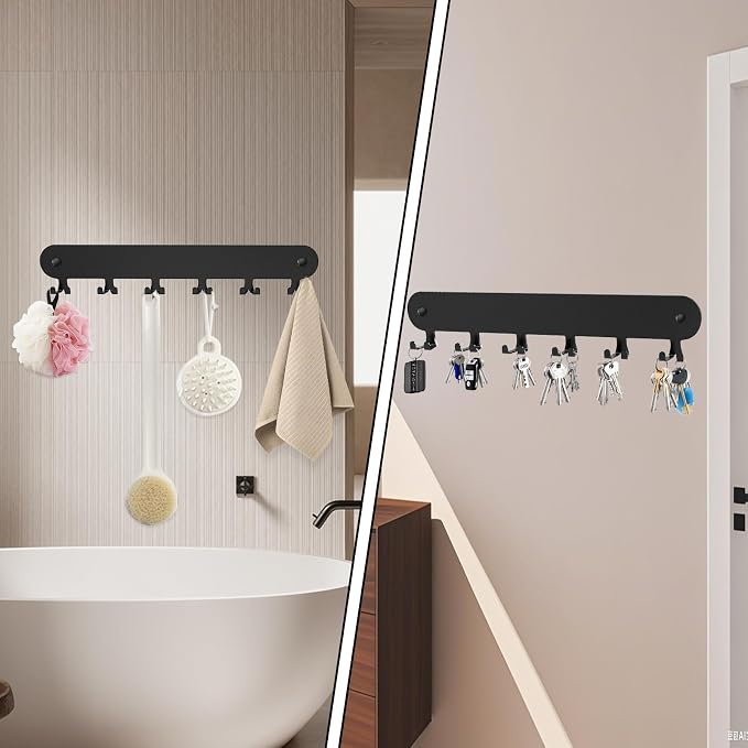 2 Pack Key Holder for Wall, Key Hooks, Key Holder Wall Mount Self Adhesive | Key Rack Wall Mount for Wall No Drill for Living Room, Kitchen, Bathroom, Garage (Black, 12 Hooks)