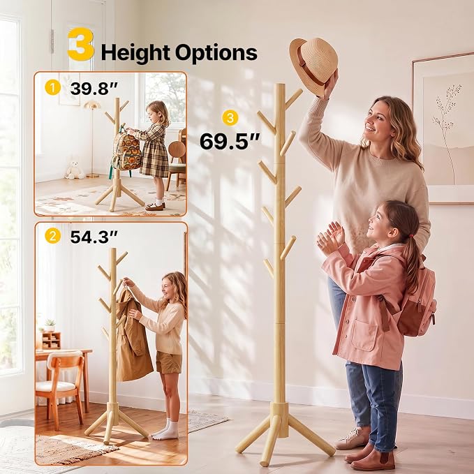 AMADA Solid Wooden Coat Rack Freestanding with 8 Hooks, Natural | 100% solid wood, 3 height options, widened base for stability, tool-free assembly, smooth rods & hooks prevent clothing snags