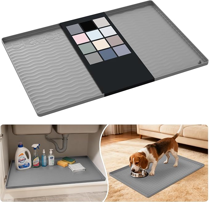 URMONA Waterproof Silicone Under Sink Mat 28'' x 19'' Shelf Liner for Kitchen and Bathroom, Cabinet and Counter Protector, Storage and Organizers, Litter Mat, Pet Cat Puppy Essentials(Beige)