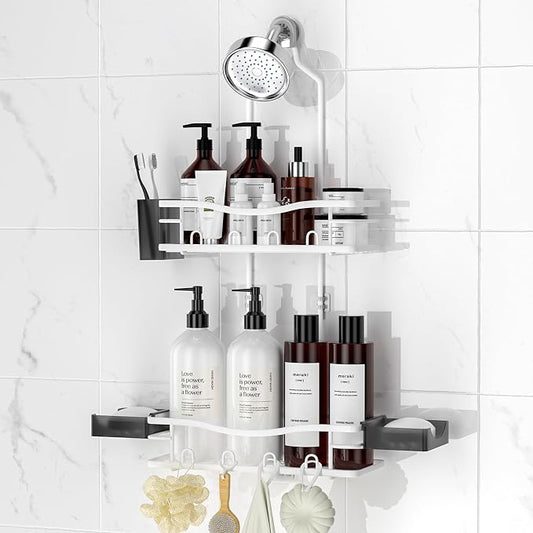 Rustproof Shower Caddy Hanging with Soap Holders for Bathroom, White | Shower Organizer with Multi Hooks Toothbrush Holder, No Drilling, Anti-Swing, Storage for Shampoo Conditioner Body Wash