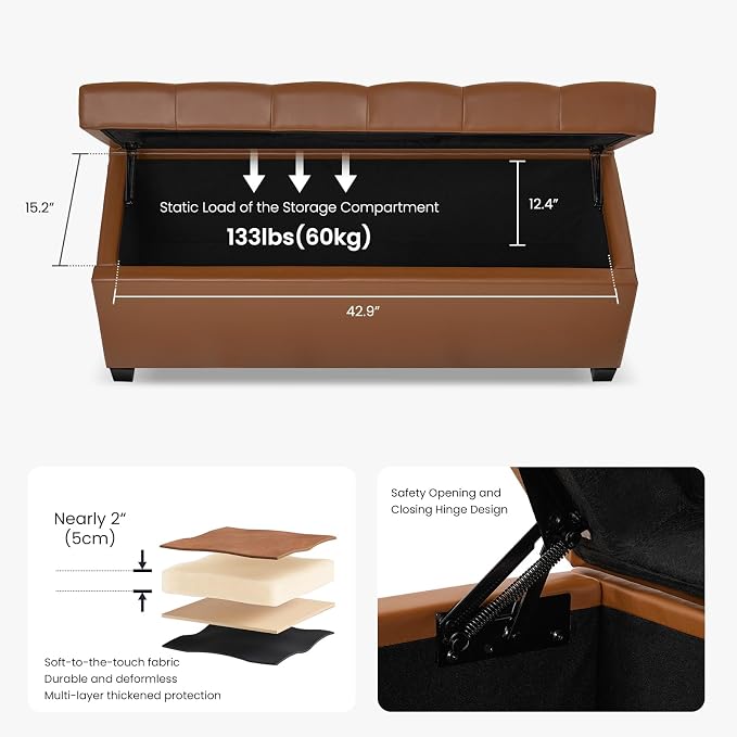 Living&Giving Leather Storage Ottoman Bench for Bedroom, 47.2", Brown | 47.2-inch leather storage ottoman with safety hinge, tufted seat and spacious hidden storage for everyday organization.