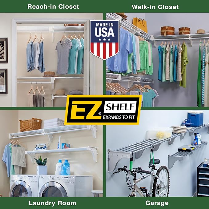 Hanging Shelf - Closet Rod - Expands 17.5-27” - White, Closet Shelves - Strong, Holds 200 lbs - DIY, Easy Install - to 2 Side Walls - Alternative to Wire Shelving
