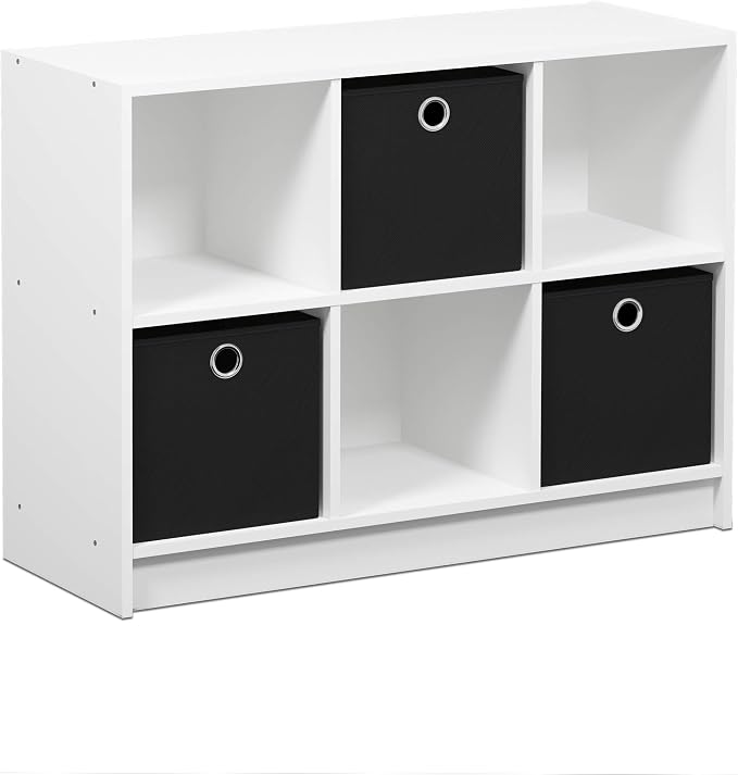 6-Cube Bookshelf with Storage Bins, Cube Bookcase, Book Shelf with Storage Bins, 11.9 x 31.6 x 23.6, for Organization and Storage, Home Office, Living Room, White/Black