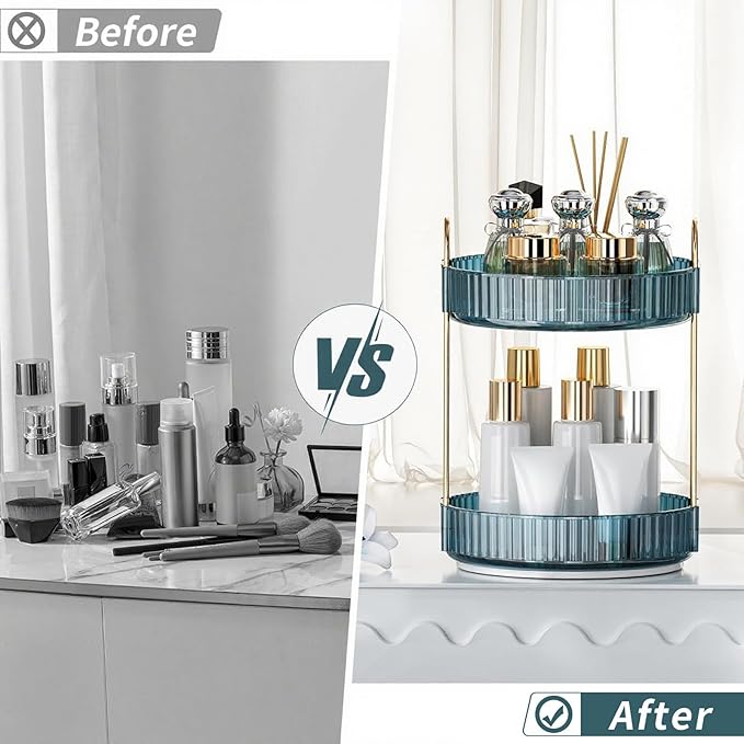 INVSSENE 360° Rotating Makeup Organizer, Bathroom Organizers and Storage Holder Rack, Large Capacity Vanity Shelf Countertop, Fits Cosmetics, Perfume, Skin Care(Blue, 2 Tiers)