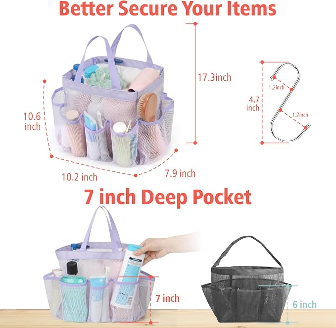 Mesh Shower Caddy Portable - 8 Pockets, S-Hook, Shower Bag for Dorm Camping | 2-Handle, Quick-Dry, Hanging Toiletry Organizer, College Dorm Room Essentials for Girls, Gym, Travel & Bathroom, Purple