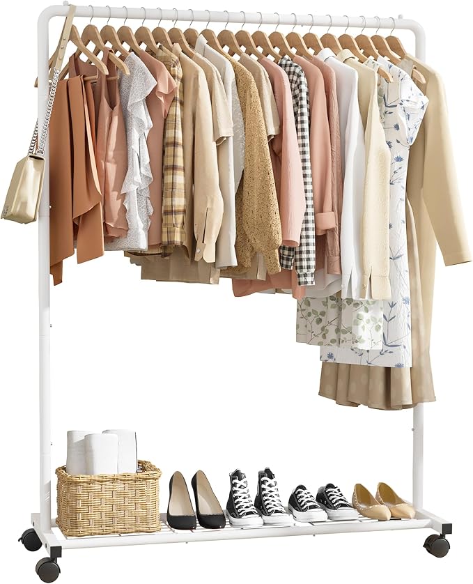 Sakugi Clothes Rack - Clothing Rack with Storage Mesh Shelf & Casters, Heavy-Duty Metal Clothing Rack for Hanging Clothes, Dresses, Coats, Large Load Capacity, Easy Assembly, White, 44.3"x16.9"x59.0"