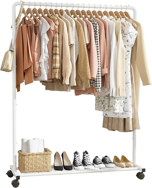 Sakugi Clothes Rack - Clothing Rack with Storage Mesh Shelf & Casters, Heavy-Duty Metal Clothing Rack for Hanging Clothes, Dresses, Coats, Large Load Capacity, Easy Assembly, White, 44.3"x16.9"x59.0"