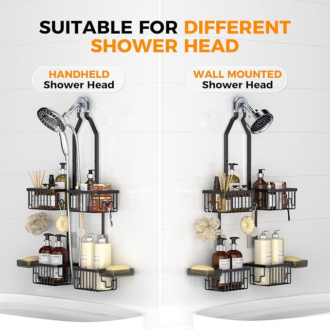 Adjustable Aluminum Shower Caddy Hanging for Handheld Showerhead, Black | Rustproof Aluminum, Shower Organizer, Anti-Slip, Quick-Drain Shelf, 40lbs Capacity, Suction Cups, 8 Hooks, Razor Soap Holders