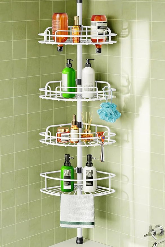 HAMITOR Corner Shower Caddy Tension Pole: Rustproof Bathroom Organizer Shelves for Bathtub Shampoo Accessories Storage Holder - 47.72-123.6 Inch Adjust - White