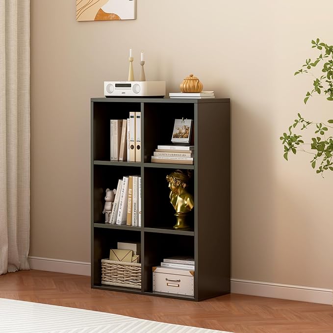 OSCHF 6-Cube Storage Shelf Bookcase, Black | Wooden 3-Tier Open Bookshelf, Fits 11×11" Bins, Vertical or Horizontal Use, Full Back Panels, For Home Office