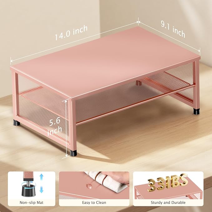 ECOLOVI 2-Tier Computer Monitor Stand Riser, Desk Organizer for Monitor, Printer & Laptop Stand, Desktop Workspace Organizers for Office Supplies(Rose Gold)