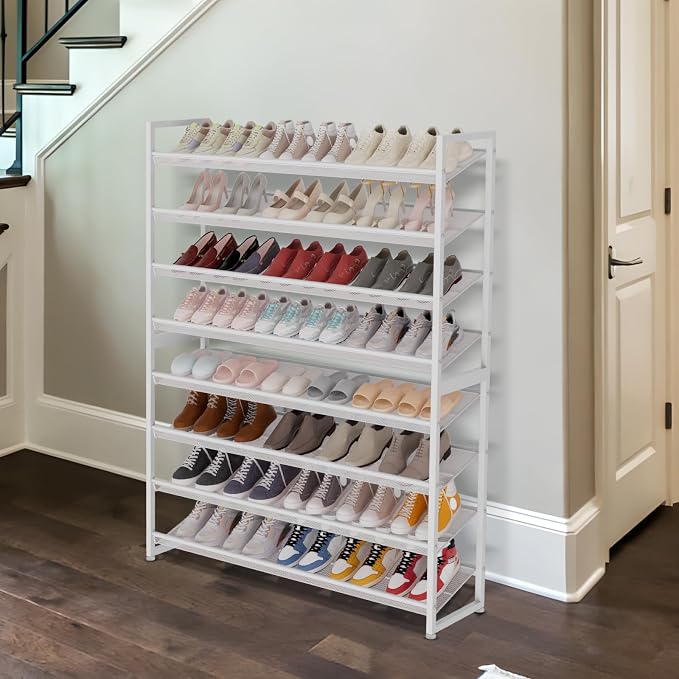 Large Shoe Rack 8 Tier Shoe Organizer, Heavy Duty Metal 4-Tier Stackable Shoe Storage Vertical Shoe Rack for Closet Front Door Entrance, Up to 50 Pairs, 44.8" W x 11.4" D x 56.7" H, White