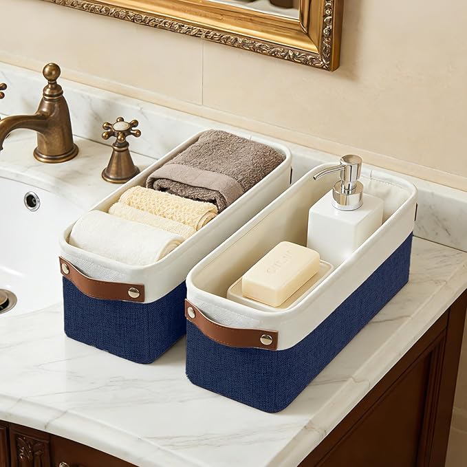 Bagnizer Small Fabric Storage Baskets, 15x6x5 inch Narrow Storage Bins 4-Pack Long Storage Basket for Organizing with Handles, Decorative Basket for Closets, Shelves, Toilet Paper, Navyblue