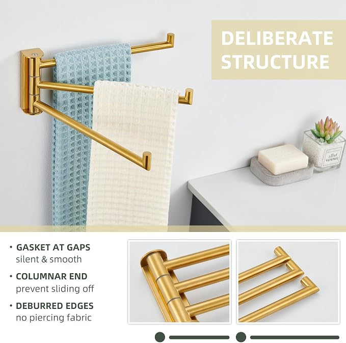 Angle Simple Hand Towel Holder for Bathroom, Swivel Bars, Brushed Dark Gold | Kitchen Towel Rack 9.84", SUS304 Stainless Steel, Foldable 3 Arms Hanger Space Saving