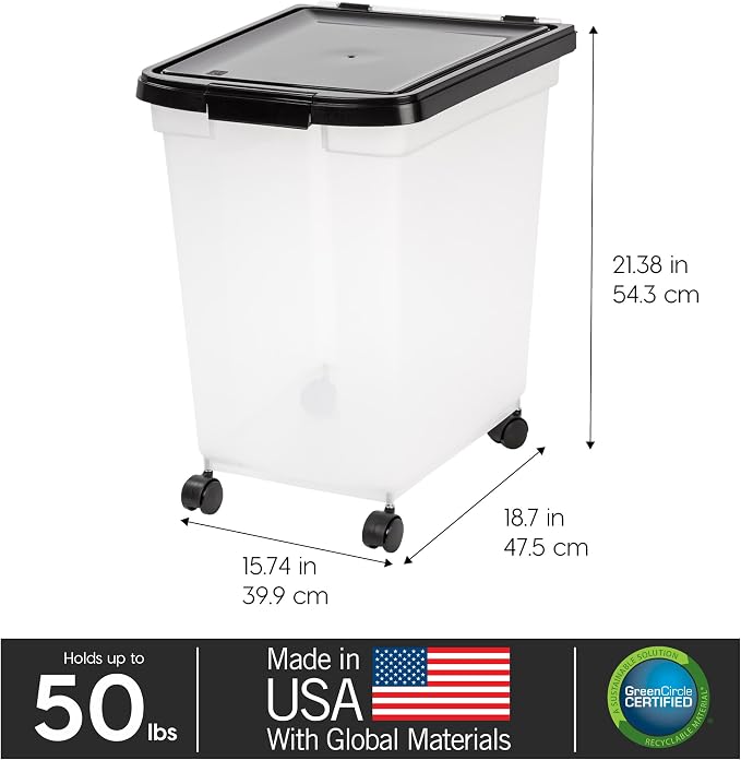 IRIS USA Dog Food Storage Container, Up to 50 lbs, Black, Made in USA | Wheels for Mobility, Airtight Seal, BPA-Free, Best for Bird Seed, Cat food, Cat Litter, Chicken Feed, Pellets