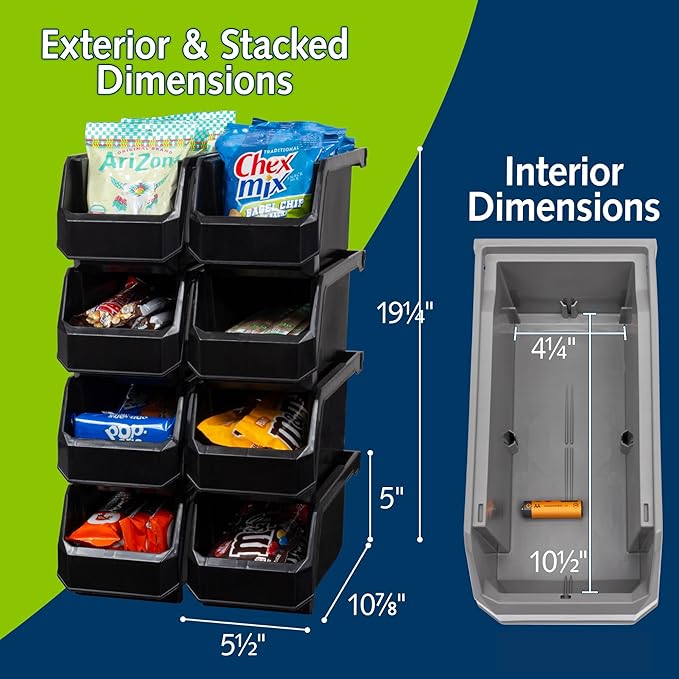 ReadySpace Medium Stackable Plastic Storage Bins, 8-Pack, Black | Open-Front Stackable Bins For Garage, Pantry, Closet & Office, 11"L X 5,5"W X 5"H, Nests When Empty, Durable Plastic,