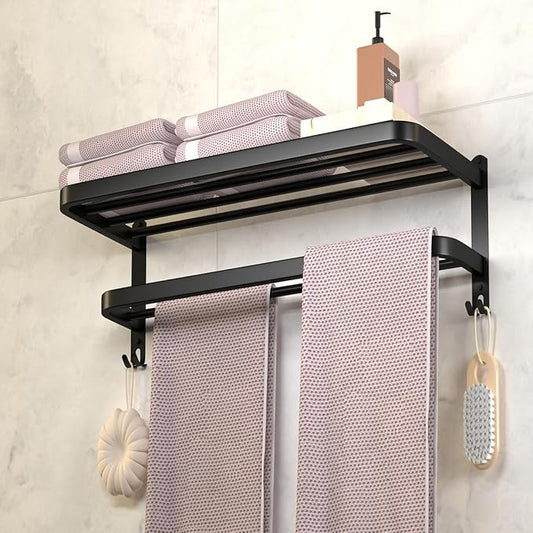 15 Inch Black Towel Racks for Bathroom Towel Shelf with Double Towel Bars Lavatory Wall Mount Holder with Hooks Stainless Steel Hotel Bath Rack (Matte Black)
