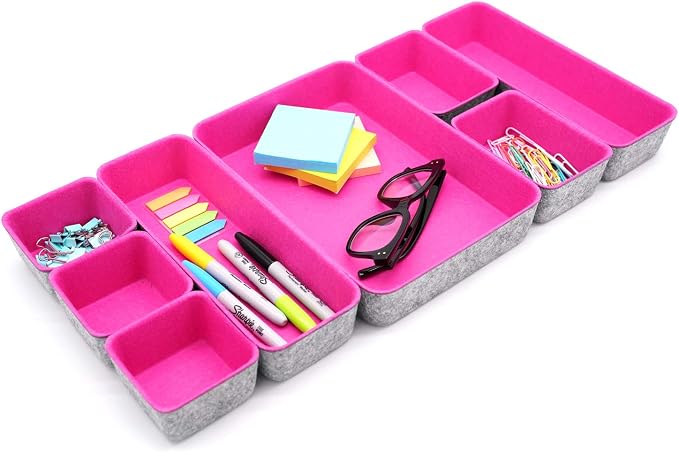 Welaxy Hot Pink Drawer Organizers 8pc Desk Tray Makeup Office Storage Bin