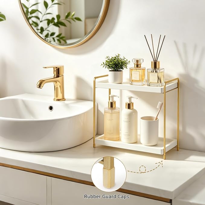 Mkono Bathroom Counter Organizer, 2 Tier Countertop Bathroom Decor Wood Storage Sink Shelf for Vanity Kitchen Coffee Station Home Office, Makeup Tray for Cosmetic Skincare Perfume, Gold and White
