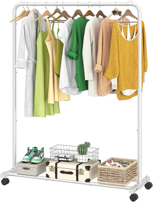 Simple Trending Standard Clothes Clothing Garment Rack with Storage Shelves, Rolling Clothes Organizer on Wheels for Hanging Clothes, White