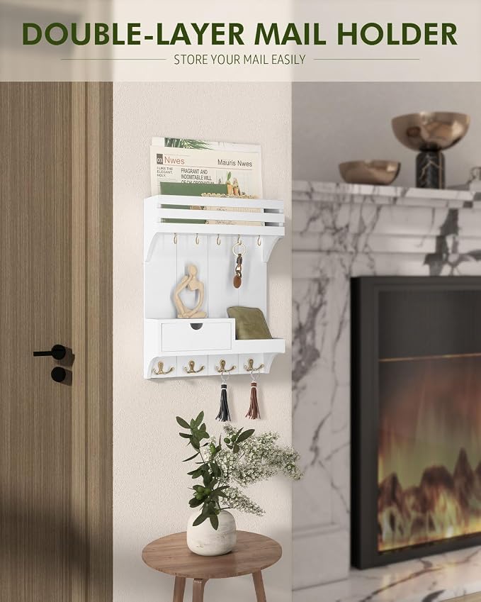 Rebee Vision Key Holder Wall Mount with Drawer & Shelf for Entryway, White | Sturdy Wood, Key Holder for Wall, 9 Sturdy Key Hooks, Wall Shelf, Drawer Organizer, Modern Home Decor, Decorative Storage