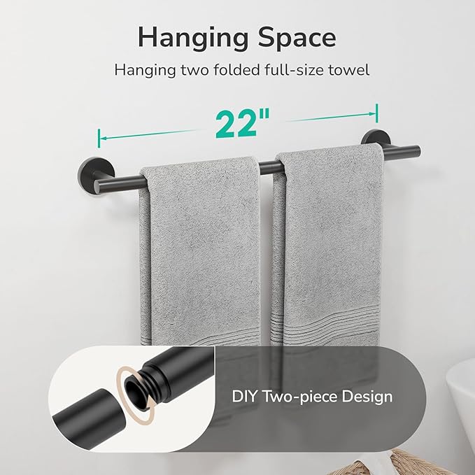 USHOWER Matte Black Towel Bar, 22-Inch Towel Racks for Bathroom | Thicken SUS304 Stainless Steel Towel Rod, Towel Holder Wall-Mounted, Modern Home Decor (Total Length 24-Inch)