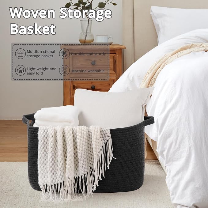 OIASKET 70L Large Blanket Basket, 21.6" x 16.9" x 11.8" Woven Storage Basket for Living Room, Nursery Blanket Storage for Toys, Towels, Dirty Clothes (Black)