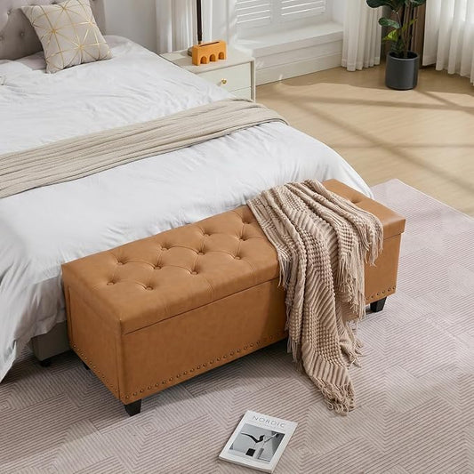 Tbfit 50.8" Large Storage Ottoman Bench with Button-Tufted Top, Blue PU Faux Leather End of Bed Chest with Safety Hinge and Rivets for Bedroom, Living Room (Camel PU)