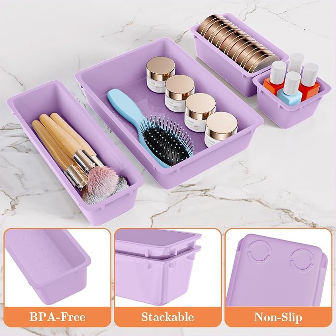 SpaceHacks 25 PCS Plastic Drawer Organizer Set, 4-Size Versatile Organizer Trays & storage Bins for Makeup, Jewelry, and Gadgets in Bathroom, Bedroom and Office, Purple
