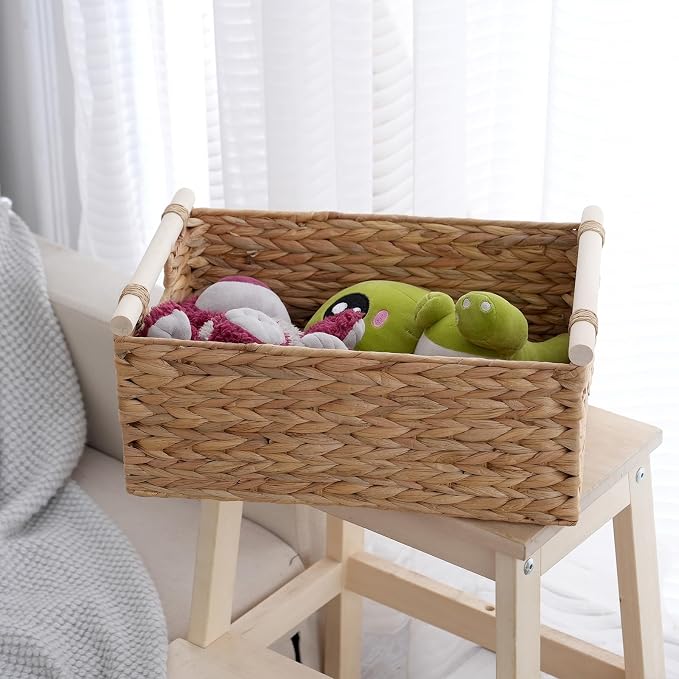 Wicker Storage Basket, Woven Shelf Organizer, 15.5x10.8x6.2 Inch | 15.5x10.8x6.2" natural wicker basket with handles; rectangular shelf organizer for kitchen, bathroom and living spaces.