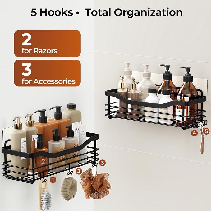 Orimade Shower Caddy Basket Shelf Storage Rack, No Drilling Wall Mounted Adhesive Rust Resistant Stainless Steel Shower Organizer with 5 Hooks for Bathroom, Black 2 Pack