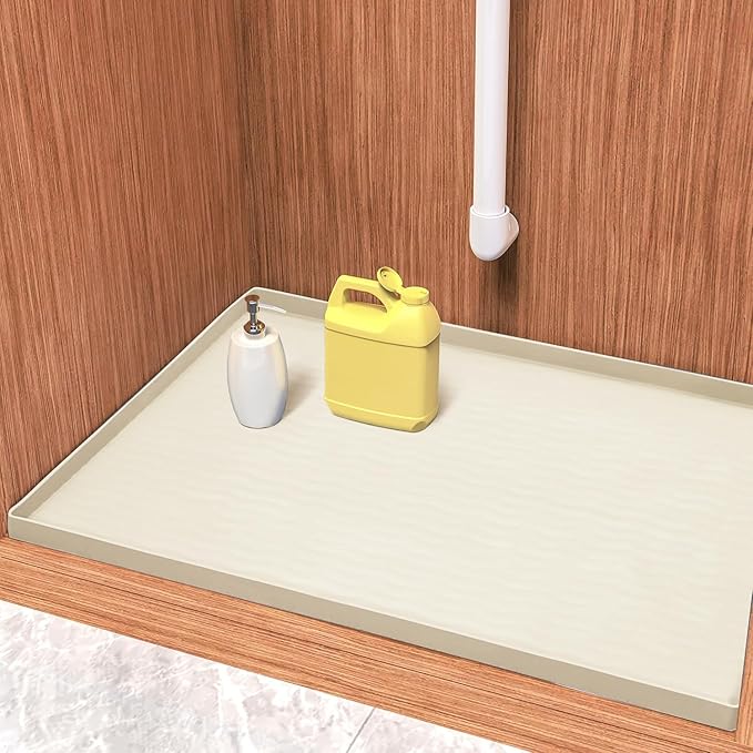 URMONA Waterproof Silicone Under Sink Mat 16'' x 10'' Shelf Liner for Kitchen and Bathroom, Cabinet and Counter Protector, Storage and Organizers, Litter Mat, Pet Cat Puppy Essentials(Cream)