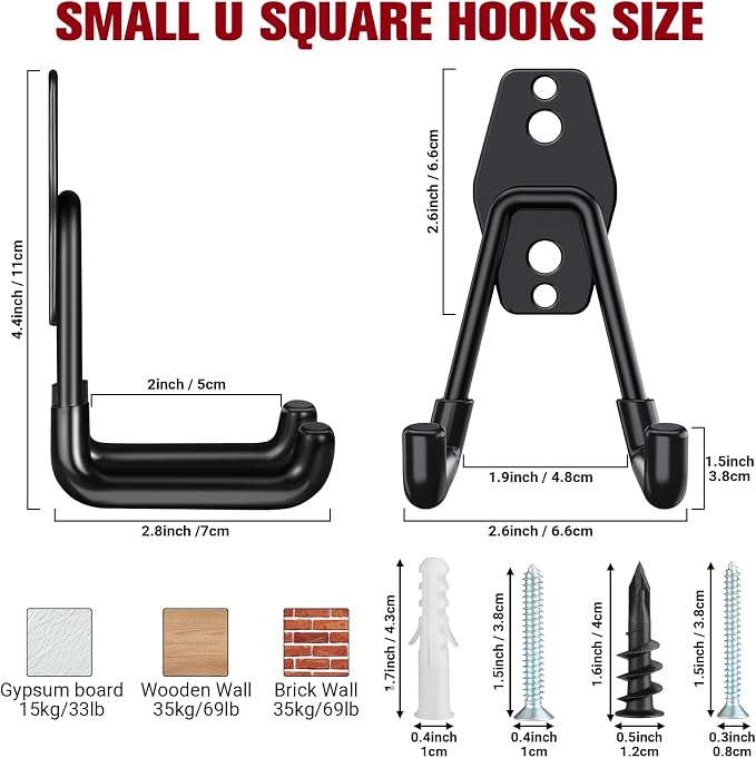 Garage Hooks Heavy Duty, 12 Pack Black Metal U Square Organizing Hooks for Hanging Heavy Duty, Bike Ladder Hangers, Iron Rust-Proof Screw-in Utility System Tool Organizer Wall Storage