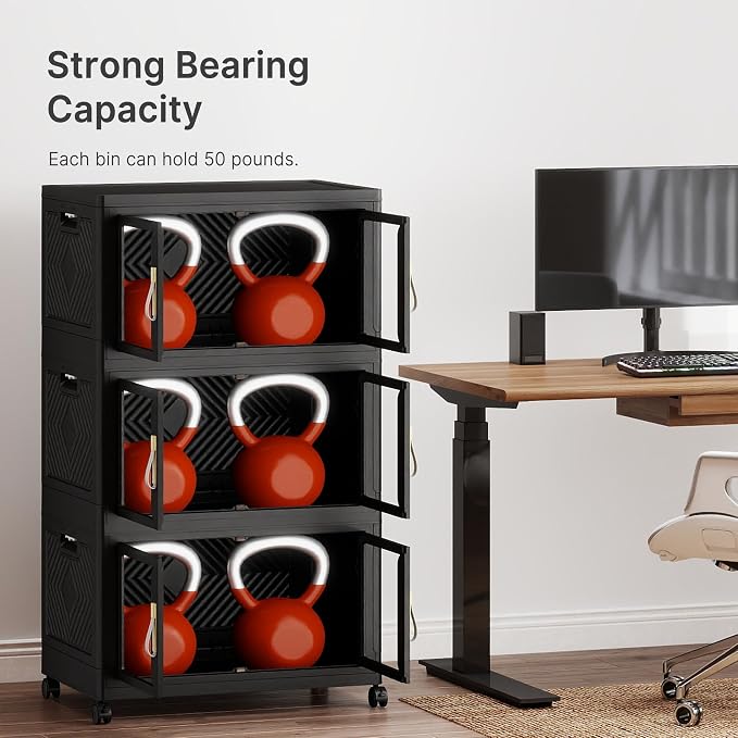 Stackable Storage Bins with Lids, 360QT Extra Large Storage Cabinet | Clear Doors, Foldable Storage Drawers, Heavy Duty, Collapsible Closet Organizers for Bedroom Office (3, Black, 120, Quarts)