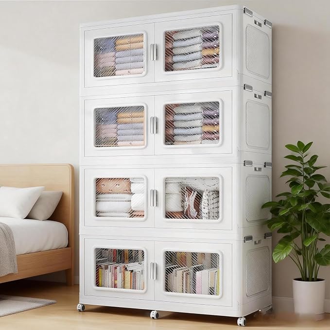 BROVIEW 1200 Qt/300 Gal Stackable Storage Bins with Lids, 4 Pack, White | Large Stackable Storage Boxes w/ 1 Lid Folding Plastic Cart Organizer for Home Kitchen, Open Front Clear Door with Wheels