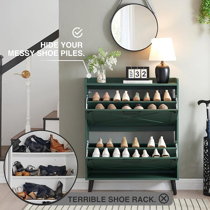 Barnyatoh Farmhouse Shoe Storage Cabinet with 2 Flip Drawers & Barn Door | Freestanding Hidden Slim Narrow Shoe Rack, Adjustable Shelves,Wood Shoes Organizer for Entryway, Foyer, Hallway,Green