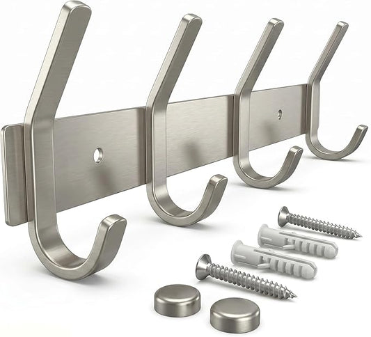 Coat Rack Wall Mount – Brushed Nickel 12 Inch Stainless Steel Hook Rail with 4 Heavy Duty Double Coat Hooks – Wall Mounted Coat Hanger for Entryway, Bathroom, Bedroom, Towel, Hat Organizer