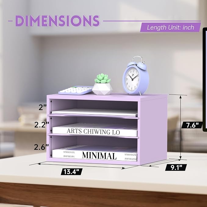 3 Tier Wood Desk Organizer, Paper Organizer for Desk, Purple | Wooden Desktop Organizer for Sorting Papers, Letters and Mails, Literature Organizer for Home Office, Classroom Organization