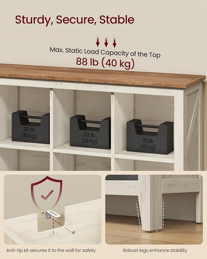 VASAGLE Liry Collection Farmhouse Bookcase, 6-Cube Storage Organizer with Legs, Adjustable Shelves, 38.6 x 11.6 x 29.8 inch, for Home Office, Living Room, Cloud White and Warm Brown ULBC136W101S