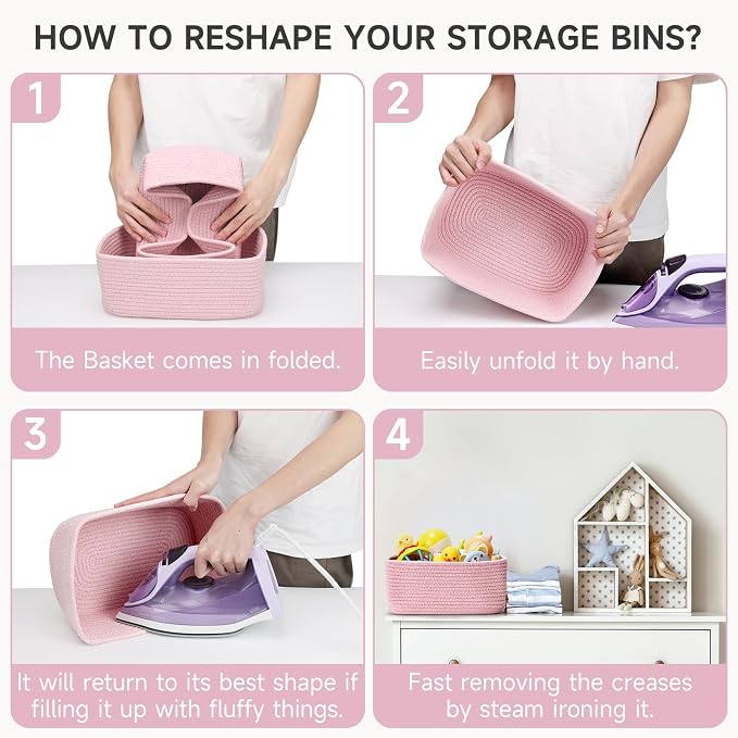 Shelf Baskets for Organizing | Storage Basket for Shelves | Small Woven Baskets | Rope Toy Basket | Closet Organizer Bins | Cube Decorative Box | 11.8×7.8×5.1” | 3 Pcs Mixed Pink