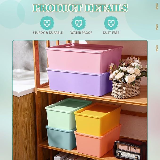 6 Pcs Plastic Storage Bins with Lids Stackable Storage Containers Durable Box Baskets for Organizing Shelves Playroom Classroom Office (Macaron Color,Large and Small)