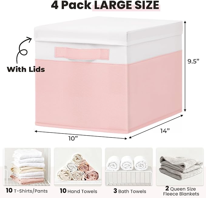 Large Closet Organizer Bins with Lids 4 Pack - 23 QT Collapsible Decorative Storage Boxes with Lids - Clothes Storage Bins with Handles - Fabric Containers for Living Room, Dorm, Nursery - Pink
