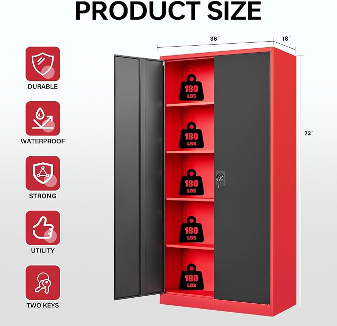 Letaya Metal Storage Cabinets with Lock, 72" Tall Locker Organizer Steel Cabinets, Adjustable Layers Shelves 2 Doors for Home, Office, Warehouse,Garage(Black Red)