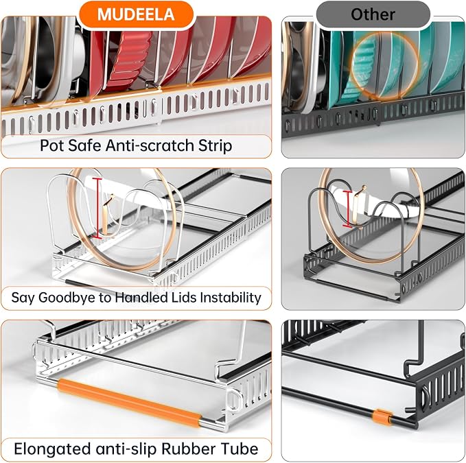 MUDEELA Expandable Pot Pan Lid Organizers inside Cabinet, 12 Divider-Silver | Expandable 11.8–22.9", 12 Adjustable Divider, Tool-Free Assembly, Non-Slip, Scratch-Proof, For Pan Lid Cutting Board Bakeware